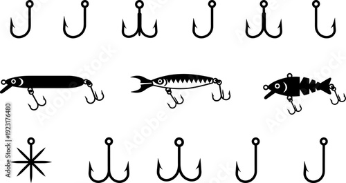 Fishing hooks and lures silhouette vector set, angling tackle collection with treble hooks and bait designs isolated on white background