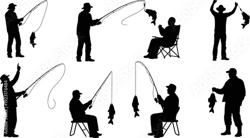 Fishing man silhouettes collection, anglers catching fish standing and sitting with rods, outdoor leisure activity, black vector illustration set for sport, hobby, recreation design