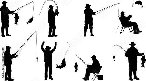 Fishing silhouette vector set showing anglers casting rods, catching fish, standing and sitting poses, outdoor sport activity illustration for hobby, leisure, design