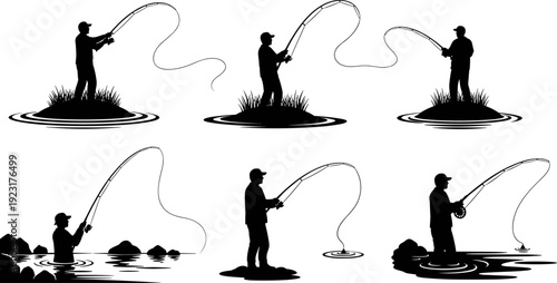 Fishing silhouettes collection showing anglers casting rods in lakes and rivers, fly fishing action poses, outdoor sport activity, black vector illustration isolated
