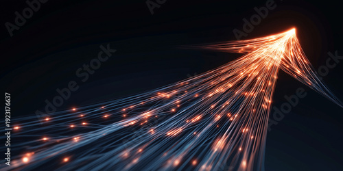 Dynamic glowing arrow composed of high speed fiber optic lines and data particles on dark background representing internet connectivity network speed and business innovation