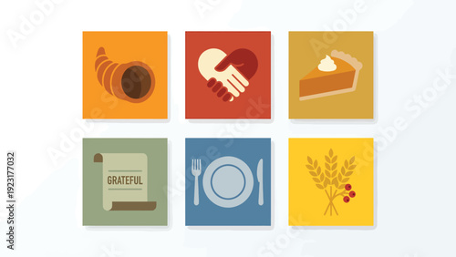 Thanksgiving and Autumn Holiday Flat Design Icon Set. Harvest, Gratitude, Feast Symbols