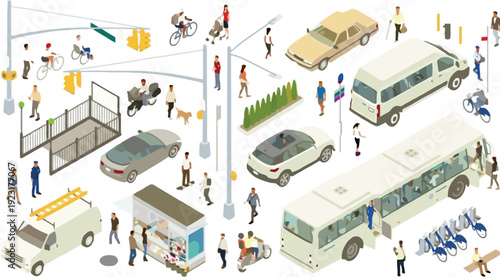 Detailed isometric illustration of a bustling city street with diverse transportation, pedestrians, buildings, and street furniture.