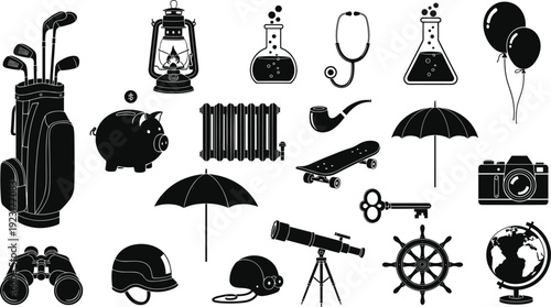 Diverse collection of black silhouette icons featuring golf bag, piggy bank, umbrella, telescope, chemistry flasks, camera, globe, radiator, skateboard, binoculars, lantern, and lifestyle objects.