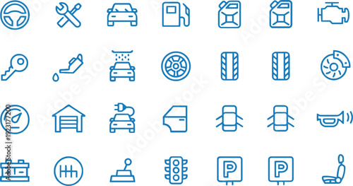 Comprehensive car service and auto repair icon set, editable stroke design