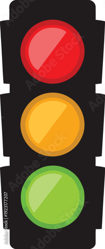 Realistic traffic light with red, yellow, and green lights illuminated, isolated on a white background with a subtle shadow, signifying control and direction in traffic flow.
