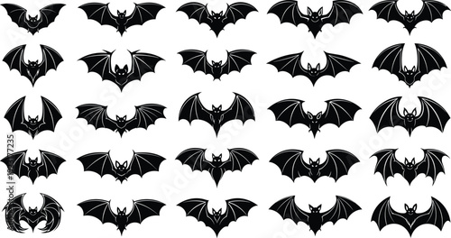 Large collection of black bat silhouette vector icons with different wing positions for Halloween decorations spooky nature flyers and vampire themed graphic designs.