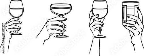 Hands holding drink glasses outline icon collection. Includes wine glasses, cocktail glass, and water glass symbols. Created in line art style with black and white palette.