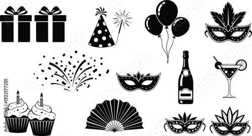 Mega collection of black celebration icons featuring gift boxes party hats balloons masquerade masks fireworks champagne bottles cocktail drinks cupcakes and decorative festive hand fans.