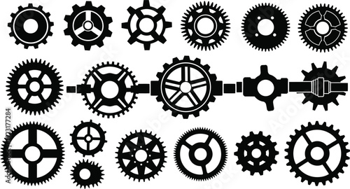 20 black silhouette gear and cogwheel vector icon collection. Includes various mechanical parts, cogs, and industrial elements. Created in solid black fill style with a monochrome palette.