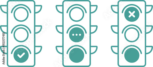 Set of three stylized traffic lights with different icons: checkmark, dots, and cross mark in teal on white background.