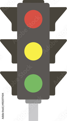 Realistic traffic light with red, yellow, and green lights illuminated, isolated on a white background.