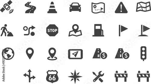 Collection of diverse transportation and navigation icons in a grid layout, including GPS, roads, cars, and signs.