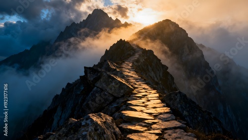 Wallpaper Mural Rugged mountain ridge path bathed in ethereal light and swirling clouds Torontodigital.ca