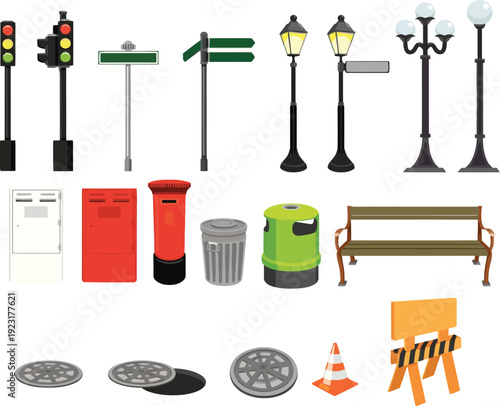 Set of urban street furniture and signs including traffic lights, lampposts, mailboxes, and trash cans.
