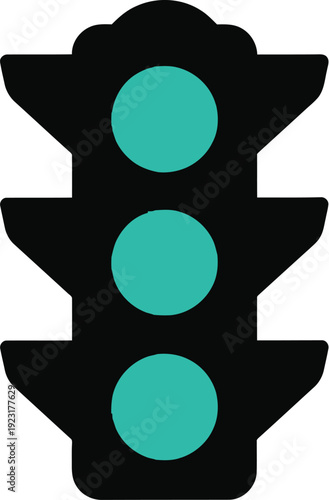 Modern flat design illustration of a traffic light with all three lights illuminated in teal.