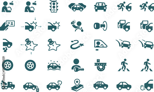 Set of flat design icons representing various aspects of driving, traffic, and car ownership.