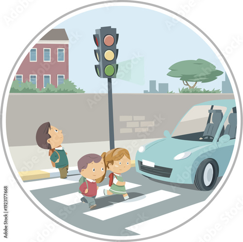 Children safely cross the street at a pedestrian crossing with green traffic light, illustration