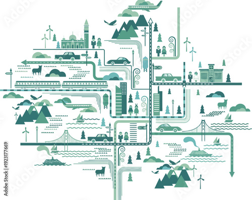 Abstract illustration of a connected cityscape with transportation and nature elements in teal and green.