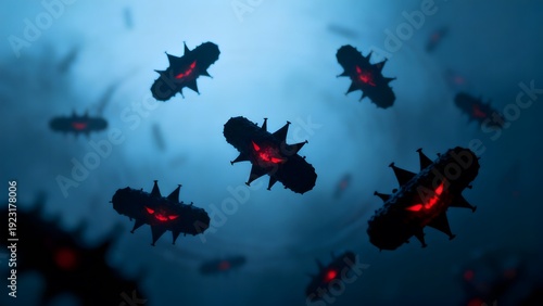 Wallpaper Mural Dark microscopic entities resembling spiky viruses floating in a blue fluid Torontodigital.ca