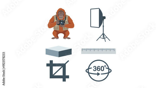 Photography Studio and Graphic Design Tools Icon Set with Cartoon Orangutan