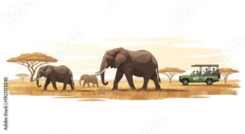 Fototapeta A semi-realistic illustration of a family of elephants walking across a savannah with a safari vehicle in the background, conveying a sense of wildlife conservation and biodiversity