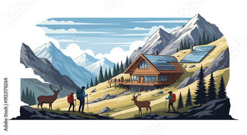 Illustration of people and animals near a sustainable mountain lodge with solar panels and dimensional effects in a semi-realistic style