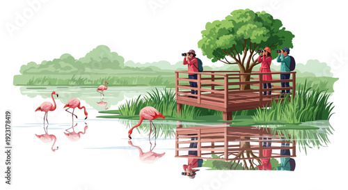 A semi-realistic illustration of people on a bridge observing flamingos and nature with stronger dimensional effects in a sustainable wildlife conservation setting by the sea