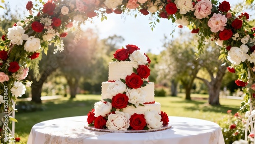 Wallpaper Mural Elegant multi-tiered wedding cake under a beautiful floral arch in an outdoor garden setting Torontodigital.ca
