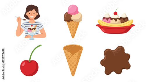 Sweet Ice Cream Treats Collection: Woman Enjoying Sundae, Cones, Banana Split, Cherry & Chocolate Sauce