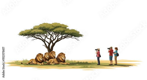Semi-realistic illustration of two people and a child observing a tree with beehives at its base in a natural setting with stronger dimensional effects