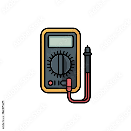 A vector graphic illustration of a digital multimeter with a red probe on a white background