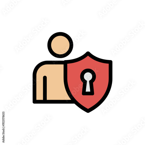 A minimalist vector graphic of a person protected by a shield with a keyhole, symbolizing security and privacy.