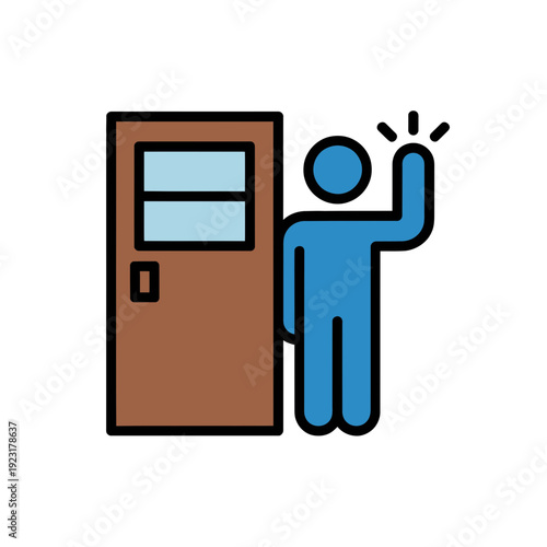 A blue stick figure knocking on a brown door with a window