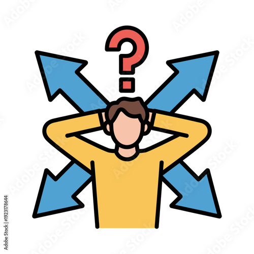 A confused man with his hands on his head surrounded by arrows and a question mark