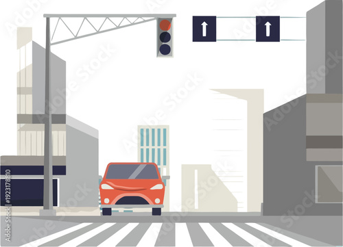 Modern cityscape illustration with a red car stopped at a crosswalk and traffic signals, conveying urban travel and city life.