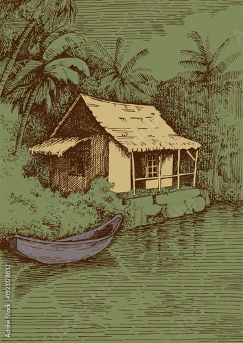 A house on the riverbank in a palm grove. A sense of peace and tranquility. Pen sketch converted to vectors.