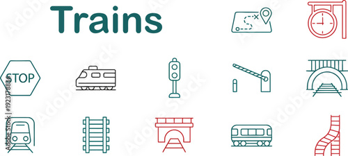 Collection of teal and red line icons related to trains and railways, including station, tracks, bridge, tunnel, and traffic signals. Ideal for transport and travel themes.