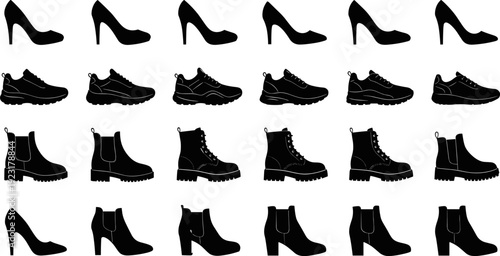 Footwear silhouettes collection, high heels sneakers boots vector illustration set in black and white for fashion design, apparel branding, retail catalog projects