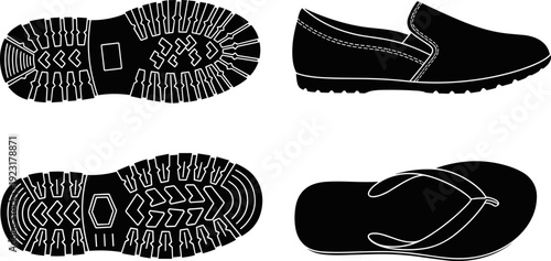 Footwear sole and slip-on shoe silhouette set, black vector illustration showing tread patterns, shoe bottom details, minimalist footwear design elements isolated