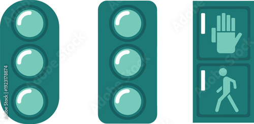 Set of simplified teal traffic signals and pedestrian crossing signs on a white background.
