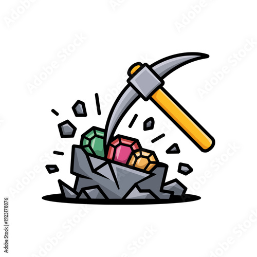 A cartoon pickaxe striking a rock filled with colorful gems in a vector graphic illustration