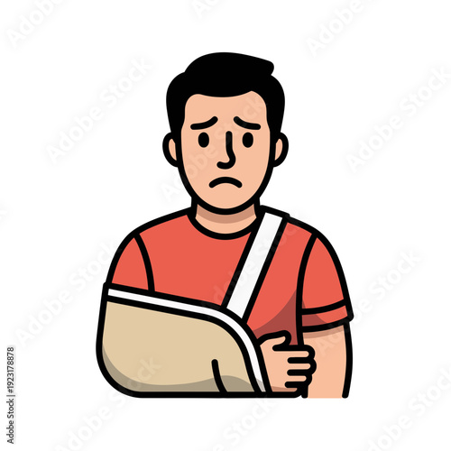 A man with a broken arm wearing a sling and looking concerned