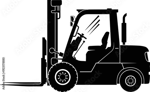 Forklift truck silhouette illustration, industrial warehouse lifting vehicle design, black and white material handling equipment, logistics transport concept, clean flat vector artwork