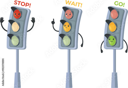 Funny cartoon traffic lights with expressive faces, signaling 'STOP!', 'WAIT!', and 'GO!'.