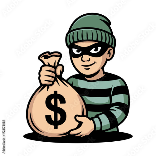 A cartoon burglar holding a money bag with a dollar sign on it