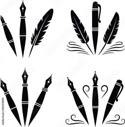 Fountain pen and feather quill vector illustration, classic writing tools set, ink pen design elements, calligraphy symbols, education and literature concept art