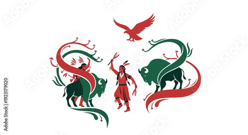 Vector illustration of an indigenous tribal person surrounded by wildlife animals in harmony with nature and conservation concept