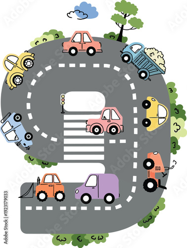 Playful illustration of the number 9 formed by a winding road with cute cars, trees, and a cloud, perfect for children's educational content and counting themes.