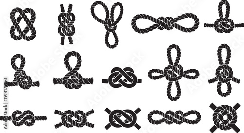 Various knots and rope ties in black and white